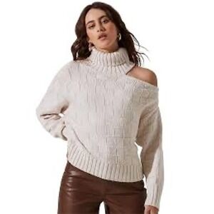 Staud  Frappe Beige‎ Knit Turtleneck Sweater One Shoulder Cutout Size Large